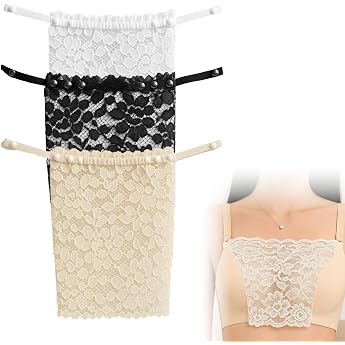 Pack of 3 Bra Insert Women's Clip-On - Cleavage Cover with Flower Lace Modesty Panel for Dresses Black/White/Beige One Size