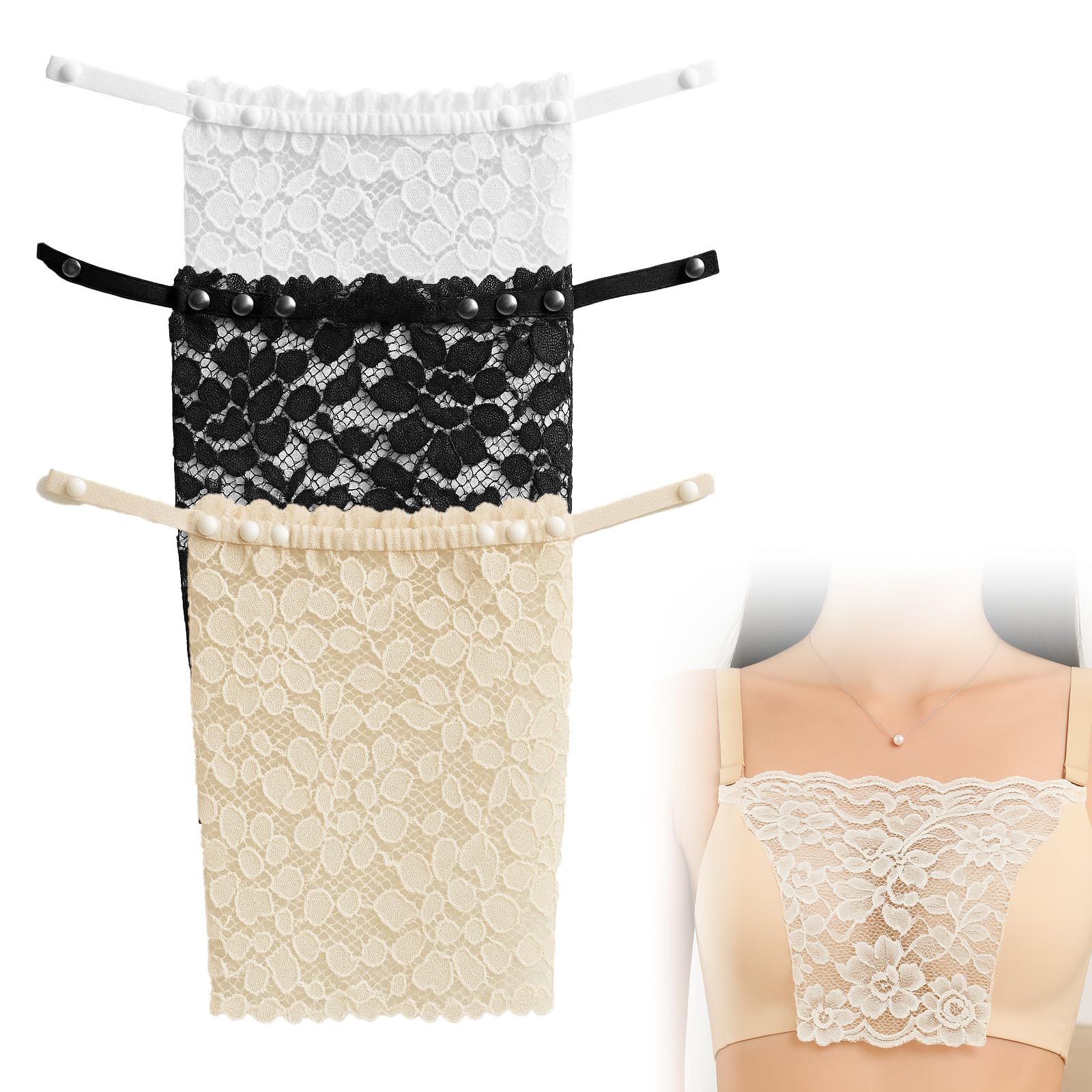 3 Pack Bandeau Top Mujer con Estampado Floral - Sujetador Sin Tirantes Antideslizante,Cubre Escote Invisible para Vestidos, Negro/Blanco/Beige,Talla Única - Ideal para Fiesta,Oficina y Bodas