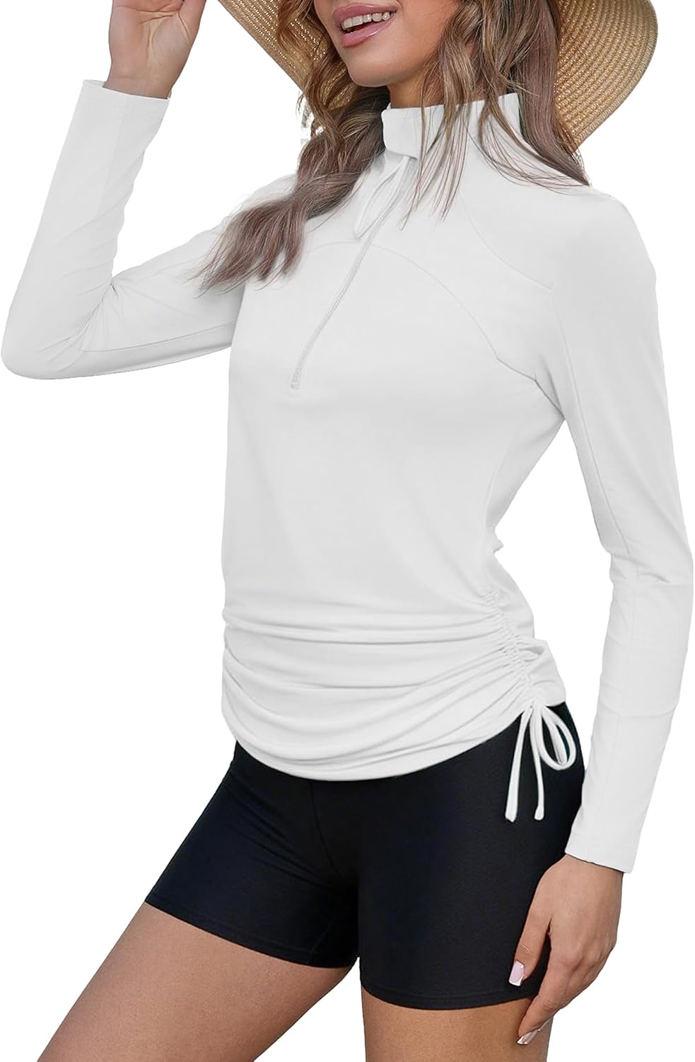 Yousify Women Rash Guard Long Sleeve Swim Shirts UPF 50+ Sun Protection Swimsuit Top Half Zip Up Quick Dry Bathing Suit Top