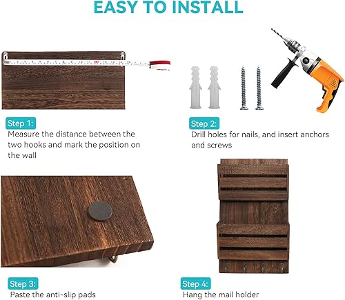 Miniatura 2 de Organizador de correo de pared con 4 ganchos para llaves, clasificador de correo colgante de madera rústica, soporte para llaves de granja para