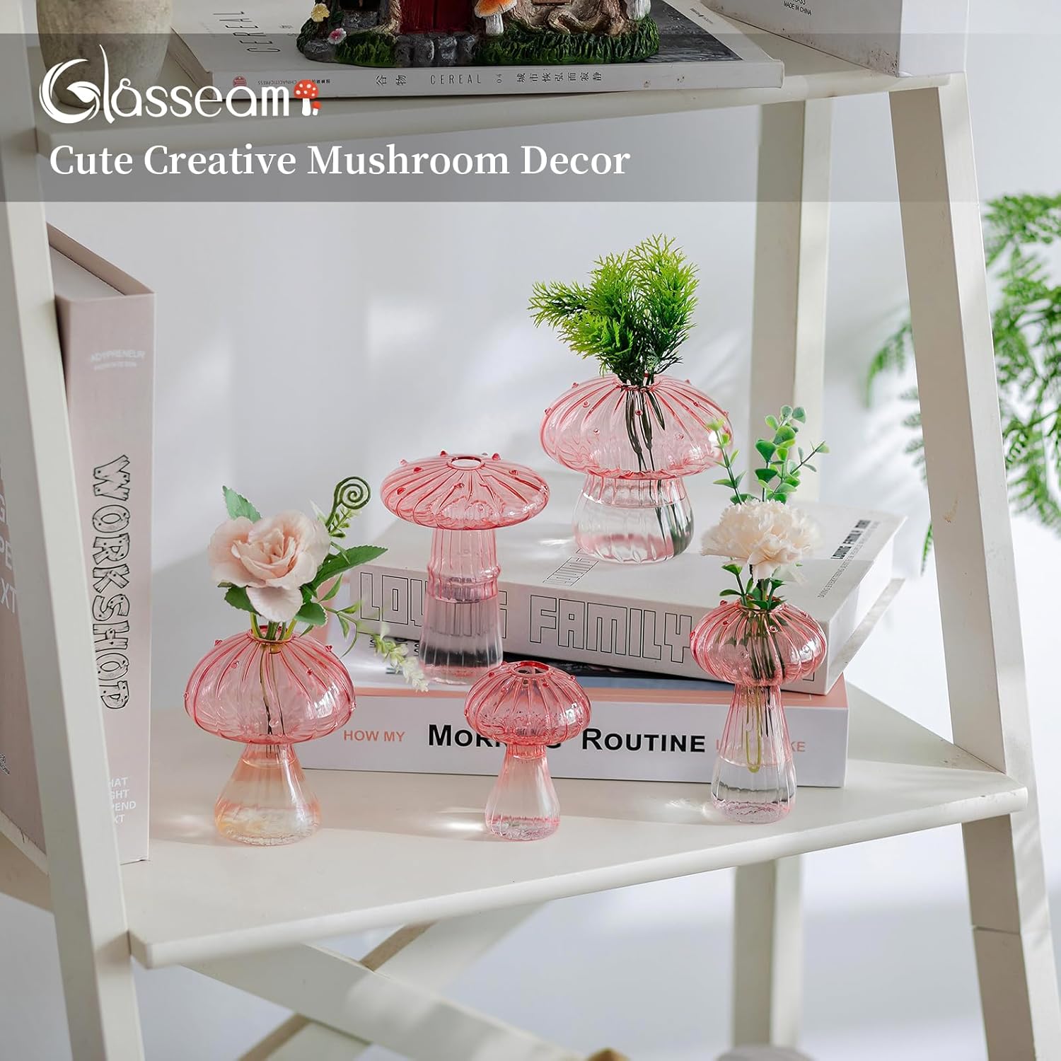 Glasseam Mushroom Plant Propagation Stations: Pink Glass Terrarium Jar Set of 5 Cute Planters for Indoor Plants Decorative Propagate Vase Unique Gifts for Women Home Office Decor
