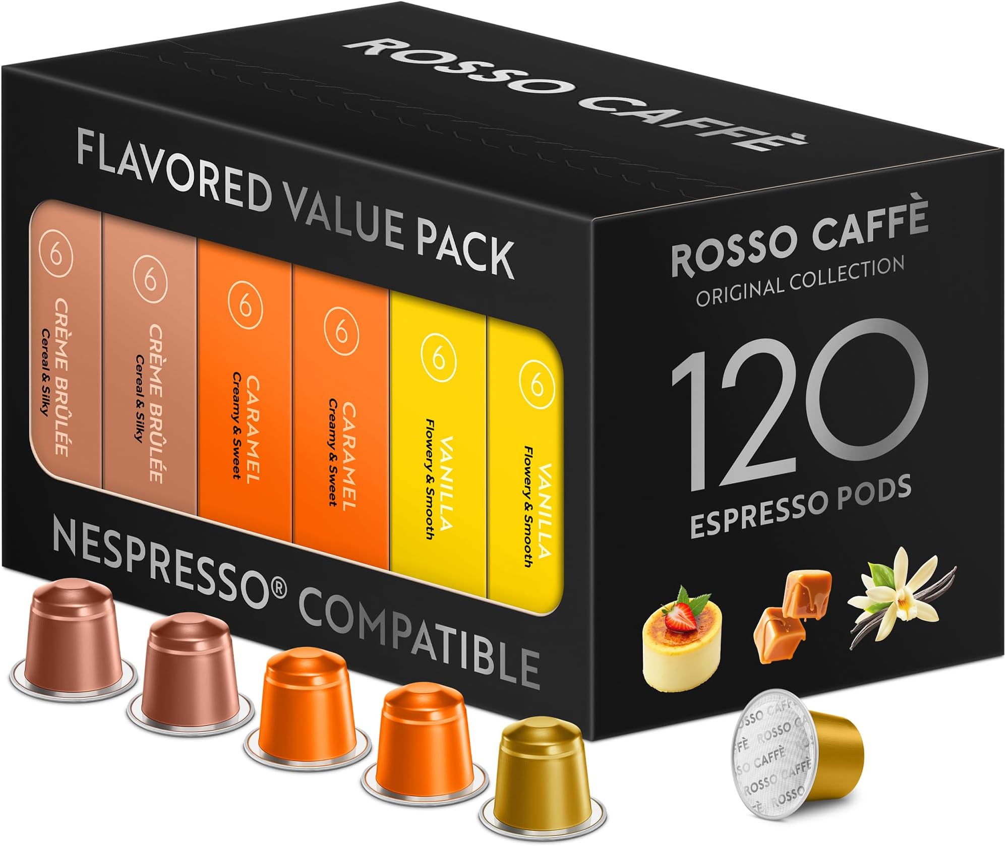 Rosso Cafe 120 Cups Nespresso Machine Coffee Aluminum Compatible Capsules Rosso Caffe Capsules "Flavor Pack" (3 Types of Vanilla, Caramel, Cream Brule), Nespresso "Original" Machines Compatible