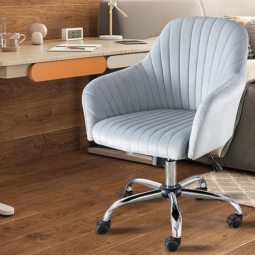Miniatura 8 de Anwickhomk Bonita silla de escritorio de oficina en casa, silla giratoria de terciopelo, moderna silla de escritorio tapizada con ruedas y altura