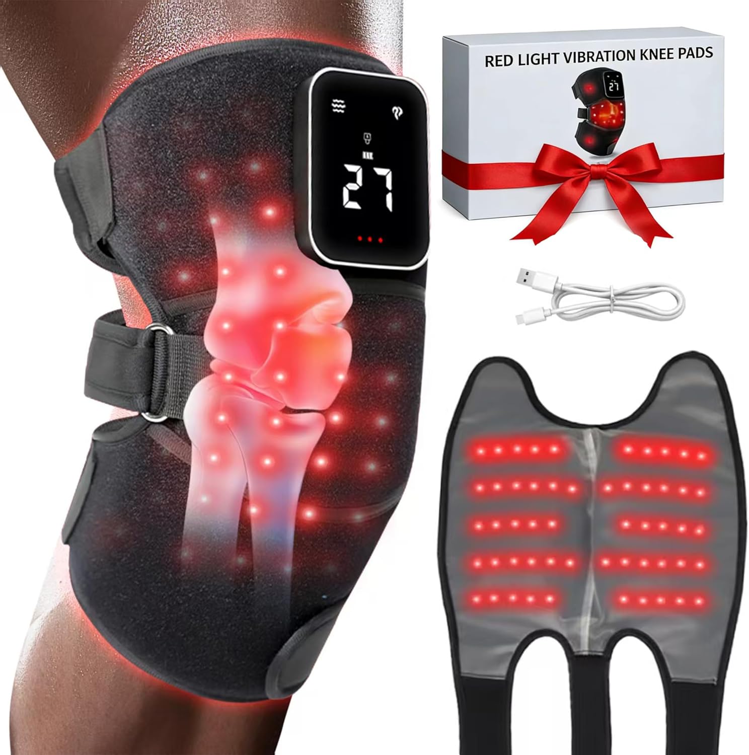 Red Light Therapy Vibration Knee Massager, Vibration & Heat - 5 Massage Zones, 660nm & 850nm Wavelengths, Rechargeable Heating Pad Knee Wrap, Gift for Men and Women