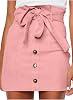Meyeeka Women's Paperbag High Waist Button Trim Front Belted Faux Suede Mini Skirt