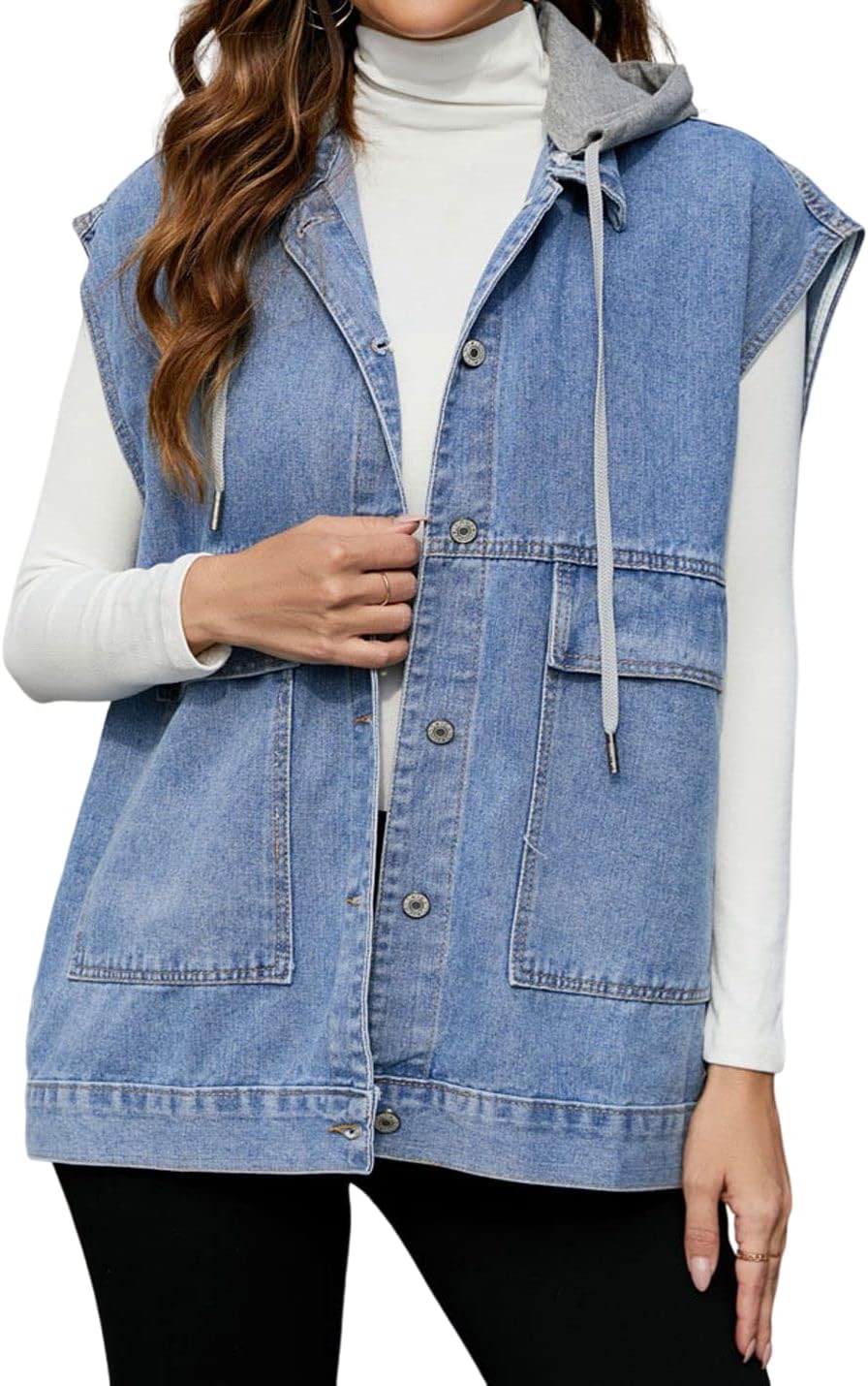 PAODIKUAI Women's Oversized Denim Vest Mid Long Jean Vest Sleeveless Jackets Distressed Vest