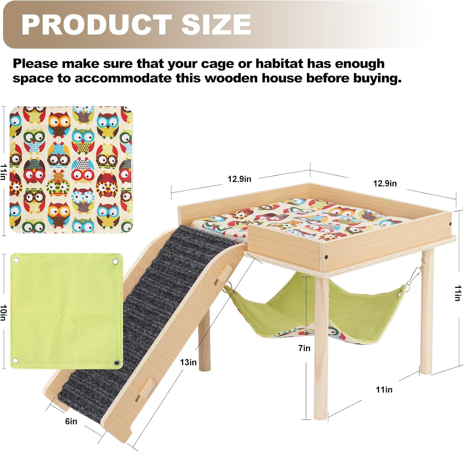 Guinea Pig Hammock with Ramp, Wooden Guinea Pig Hideout Toys with Platform, Guinea Accessories Castle with Soft Mat & Stairs for Cage Small Animals Hamsters Chinchilla Hedgehog Rat Ferret Bunny