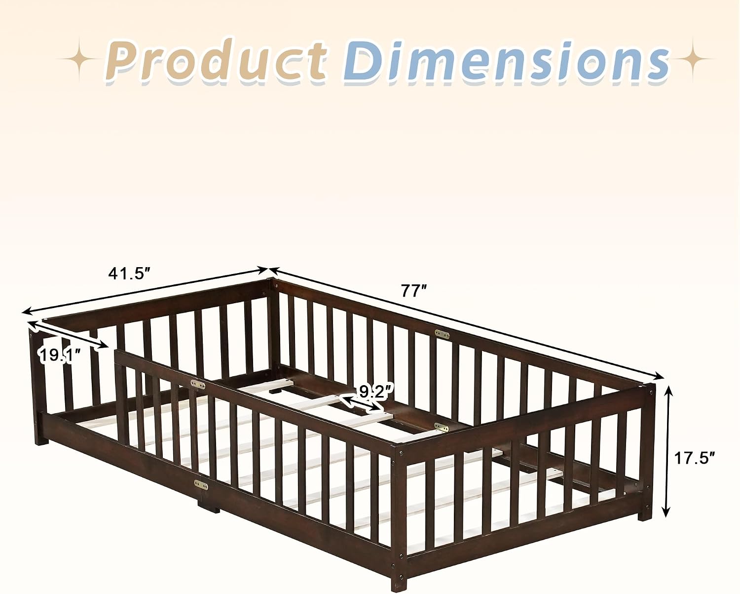 Twin Size Floor Bed, Wooden Montessori Bed Frame for Kids, Twin Size Bed Frame with Rails for Kids, Boys and Girls, No Box Spring Needed, Espresso