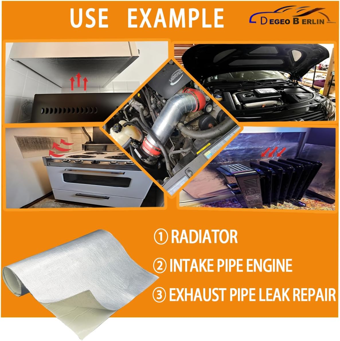 Adhesive Backed Aluminized exhaust heat shield tape for wall behind grill 2000 Degrees High Temp Protection Material Thermal Barrier Blanket Mat (12'' X 12'')