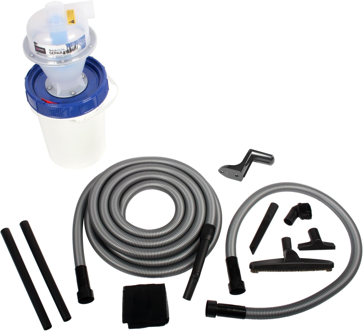 Cen-Tec Systems Assembled Quick Click Dust Separator with Locking 5 Gallon Collection Bin with 30 Ft. Hose Garage Vacuum Attachment Kit for Wet/Dry Vacuums