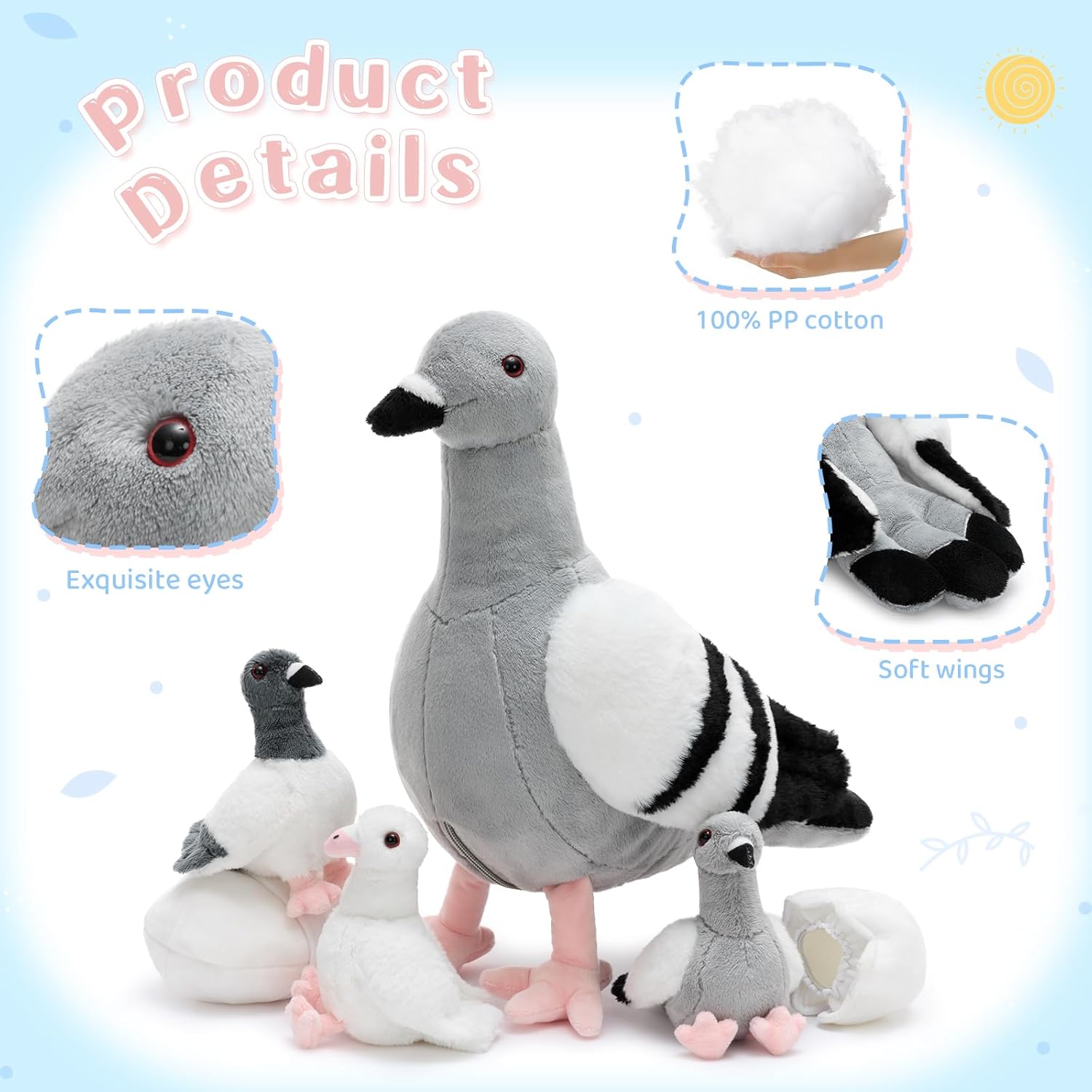 Tezituor Easter Pigeon Stuffed Animal Set, Cuddly Realistic Pigeon Plush Toy,Soft Dove Life-Like Bird Animal Plushie Doll for Kids Girls Boys on Valentines,Christmas, Birthday, Party Decor Grey