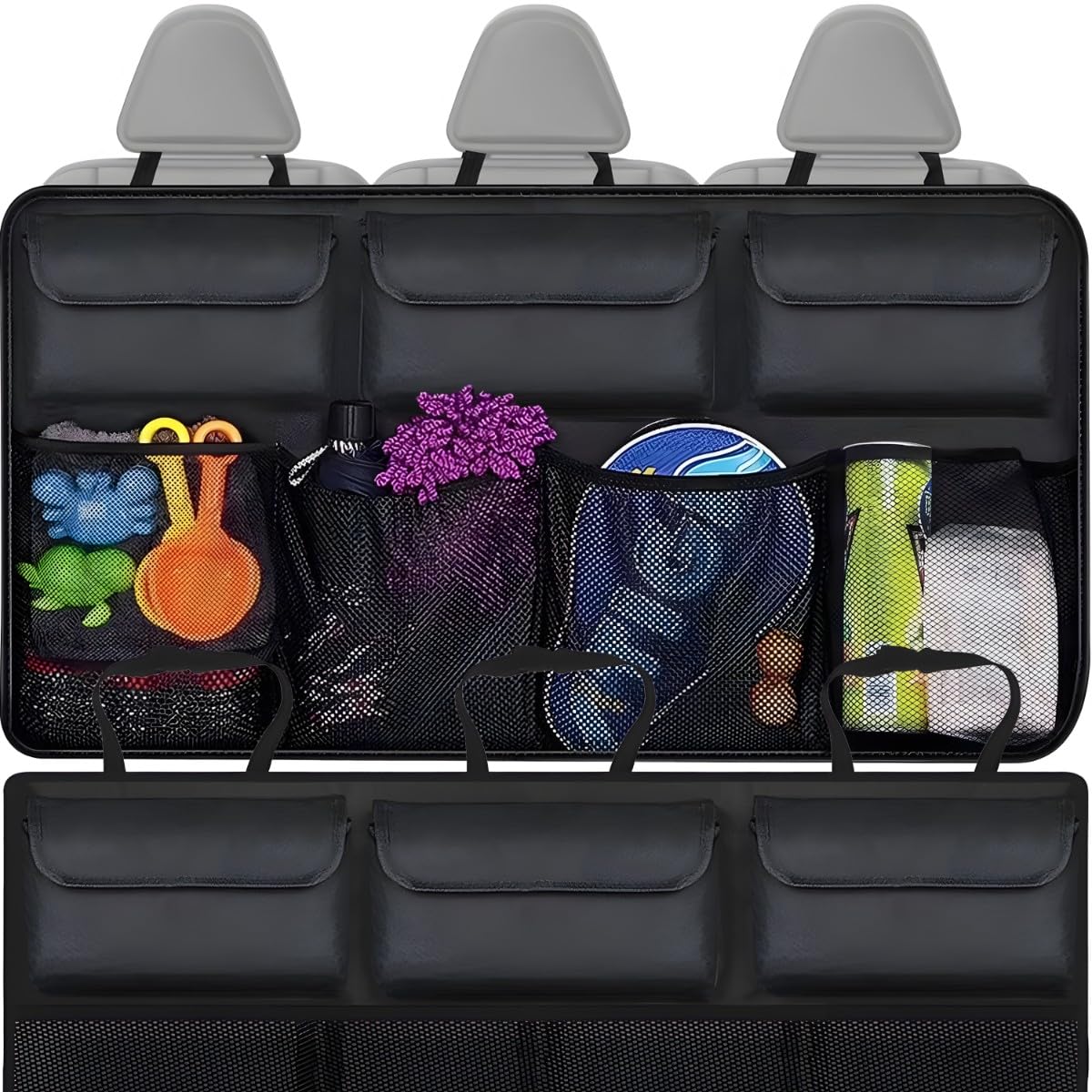 Retoo Organizator bagażnika samochodu, organizer fotela samochodowego, torba przechowywania, 89,5 x 35 cm, wiszący organizer tylne siedzenie, torba bagażnika z dzielonymi modułami, do SUV