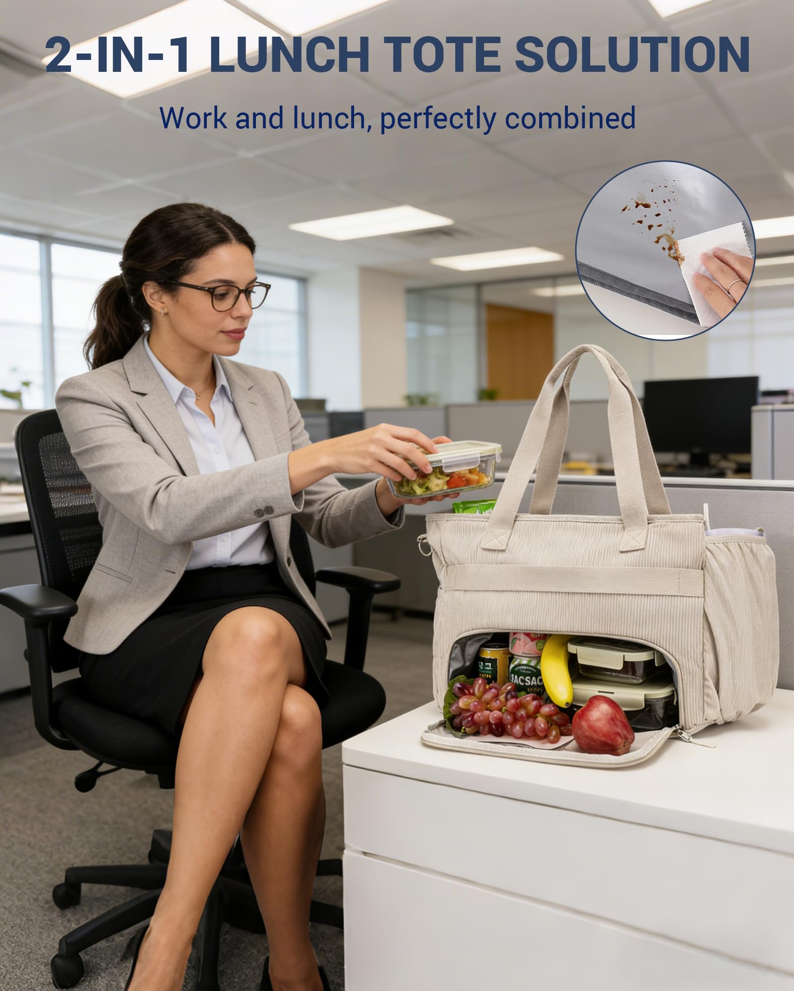 Borsa tote da donna in velluto a coste con scomparto termico per il pranzo, 12 tasche, grande borsa da lavoro, borsa a tracolla per laptop da 15,6 pollici