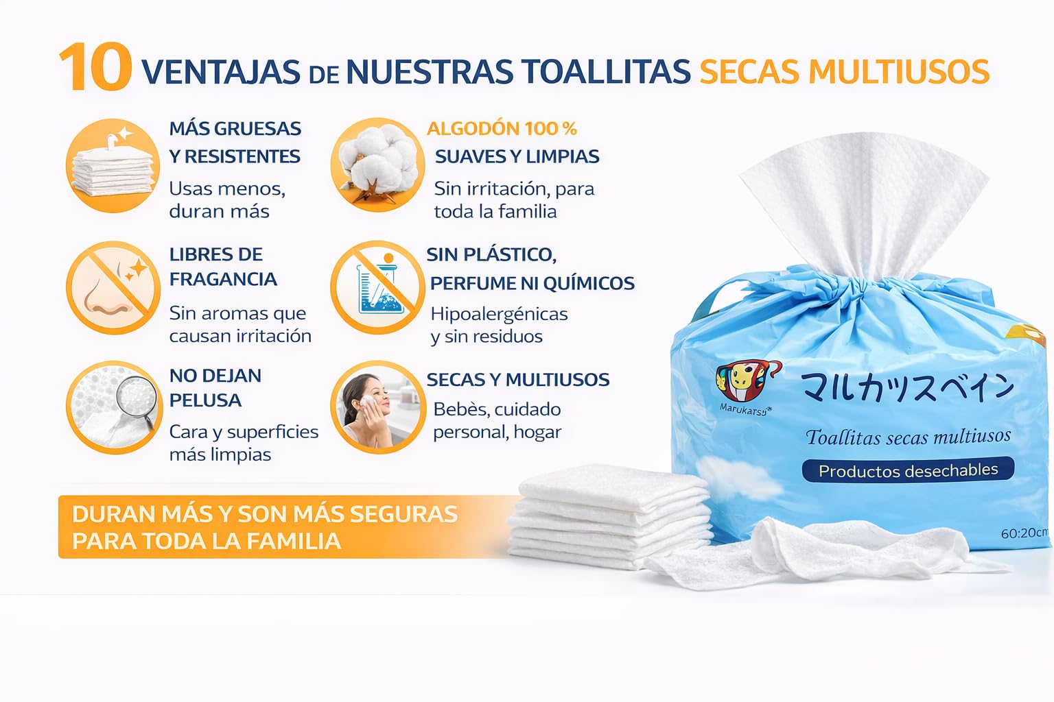 Toallitas secas de algodón, piel sensible, toallitas secas faciales, toallitas secas para bebés, toallitas desmaquillantes, toallitas de viaje familiares.(paquete de 3 20x20cm Mujer)