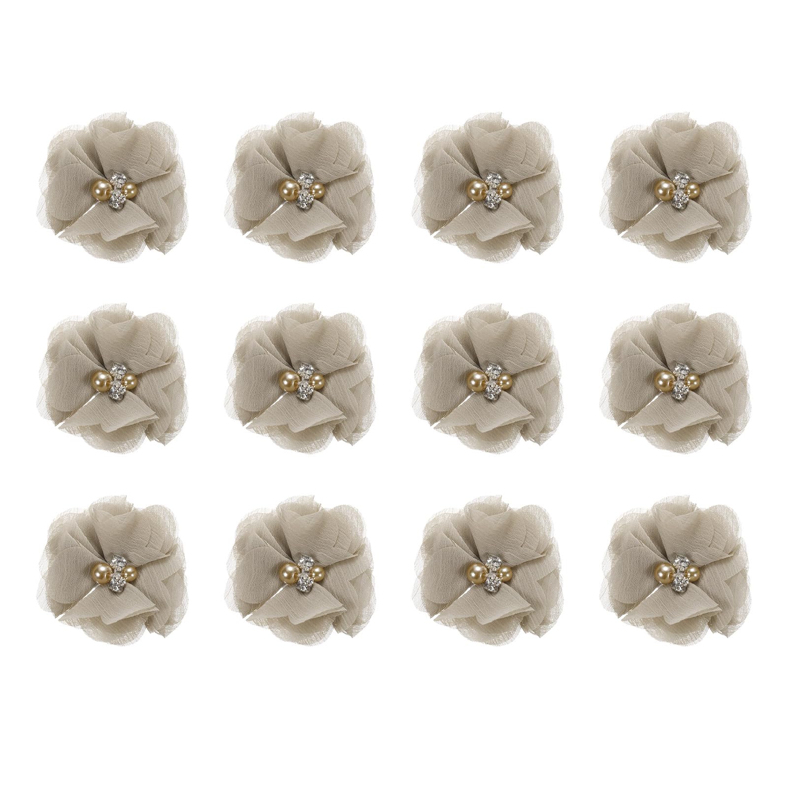 sourcing map Artificial Rhinestone Chiffon Flower Heads, Khaki Faux Flowers 2 Inch for DIY Craft Wedding and Party Decoration Pack of 12