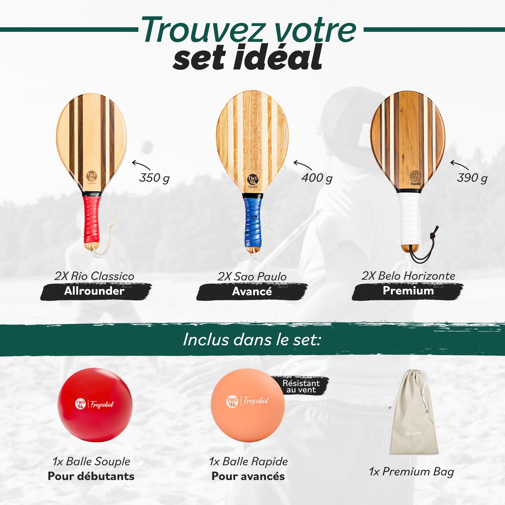two46 | Raquettes de Plage Premium Set | Frescobol-Le Nouveau Sport Tendance d'origine de l'Amérique de Sud | Raquettes en Bois Faites Main de Haute qualité, Choix Individuel de Balle et Sac adapté
