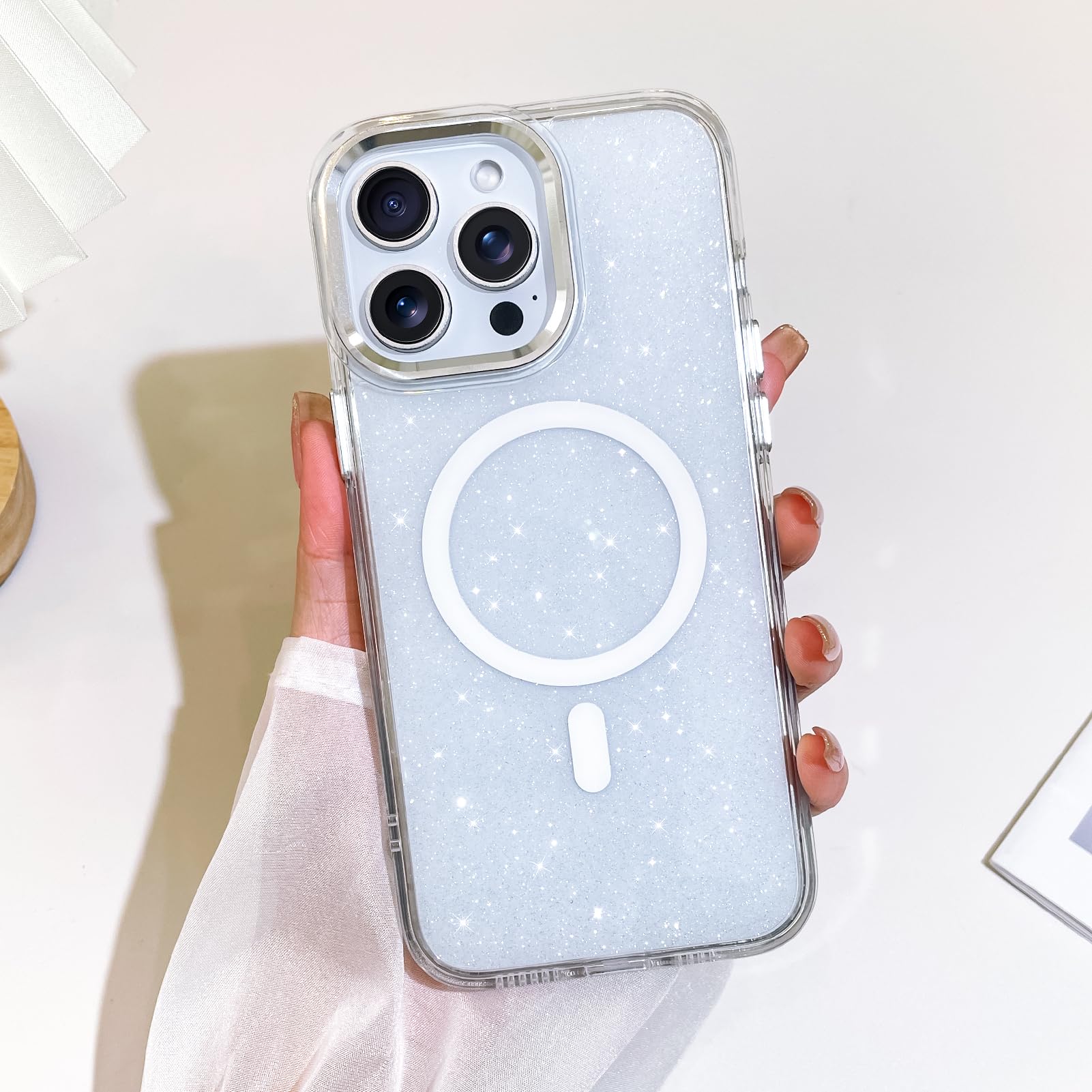SAKUULO Funda magnética para iPhone 14 Pro MAX Compatible con Magsafe, Brillante con Cristal Iridiscente láser Brillante, a Prueba de Golpes, Funda Protectora para Mujeres y Hombres, Color Blanco