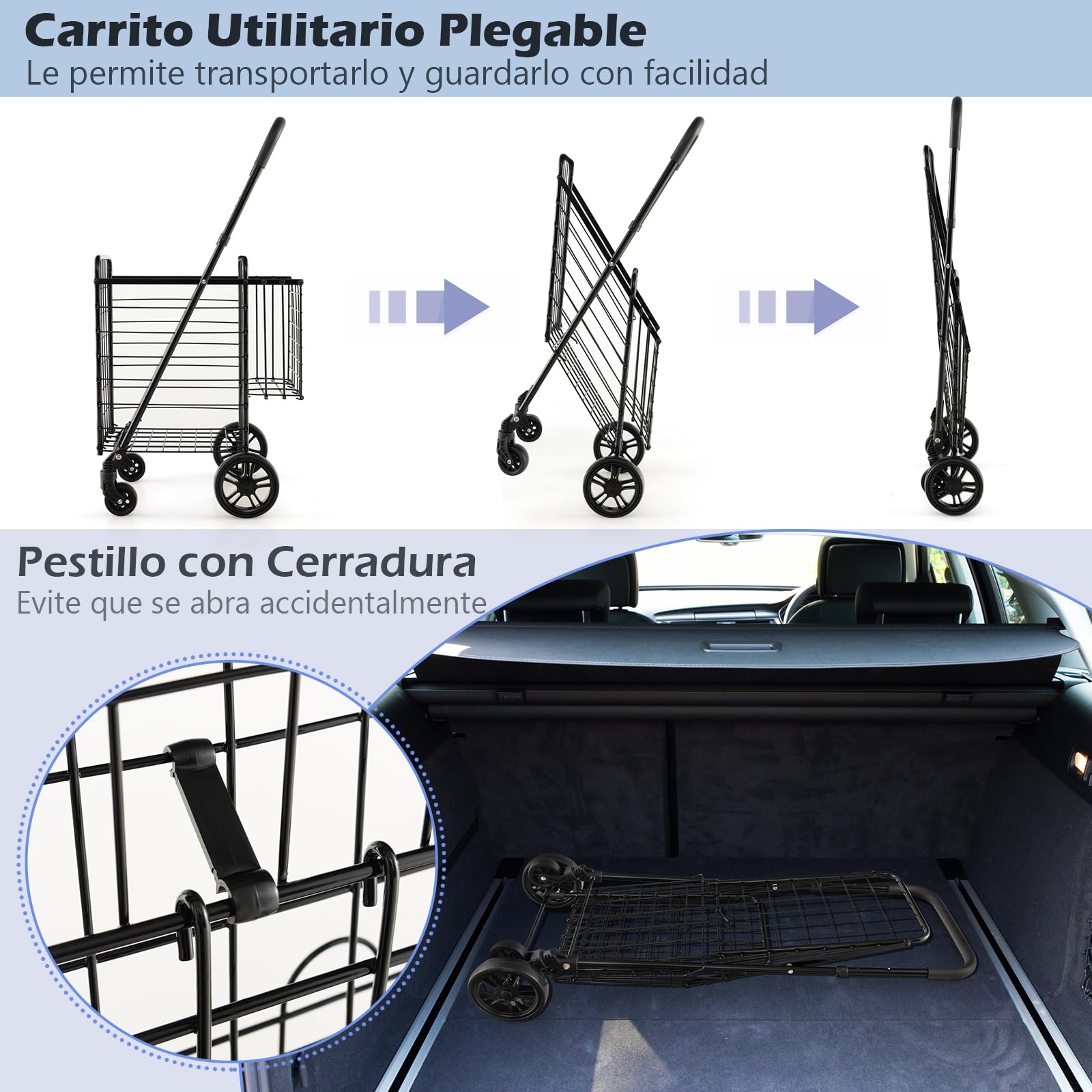 GYMAX Carro de la Compra Plegable de Metal, Carrito Compra Portátil con Doble Cesta 48 L+10 L, Soporta hasta 20 kg, 4 Ruedas, con Asa Ajustable de 89 a 95 cm (Negro)