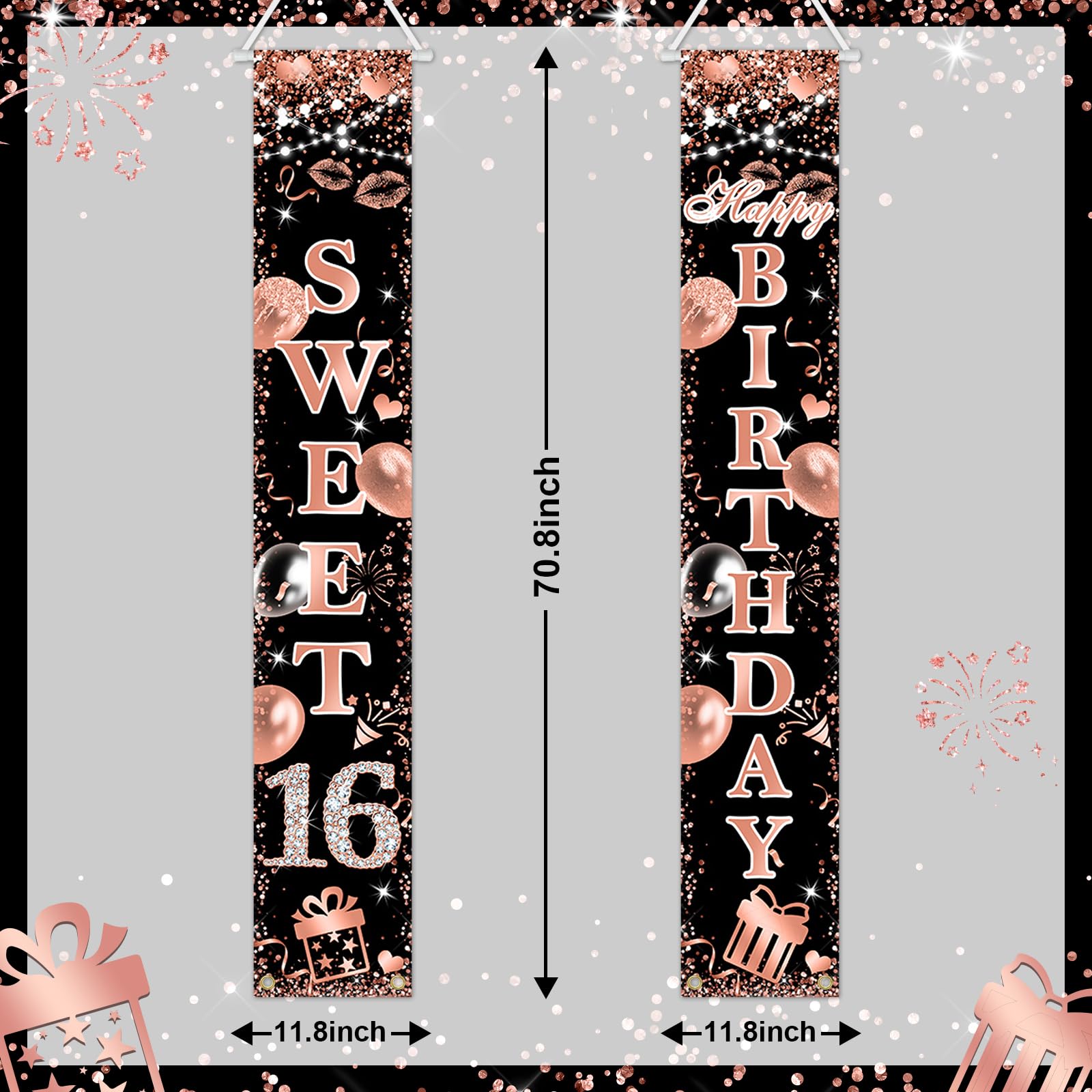 Banner Foto Compleanno 16 Anni Oro Rosa Con 16 Cornici Pre-assemblato – Decorazioni Sweet 16 Per Ragazze