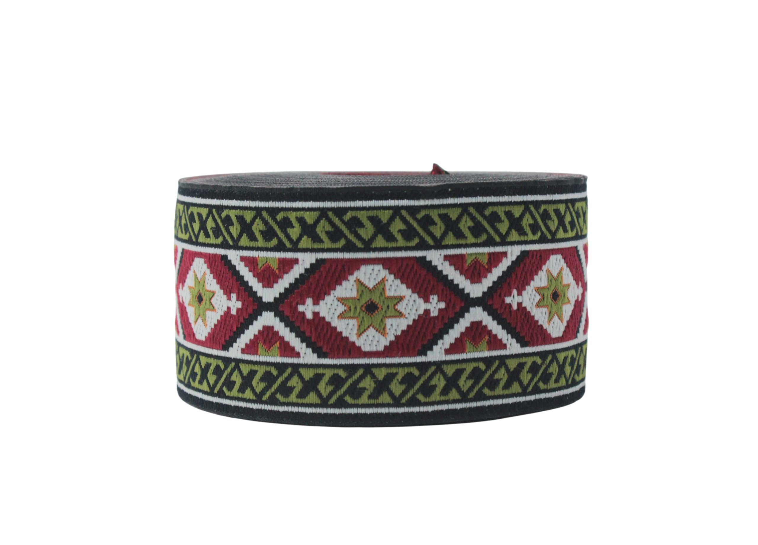 Ruban jacquard tissé ethnique rouge vert 10m x 5cm pour couture