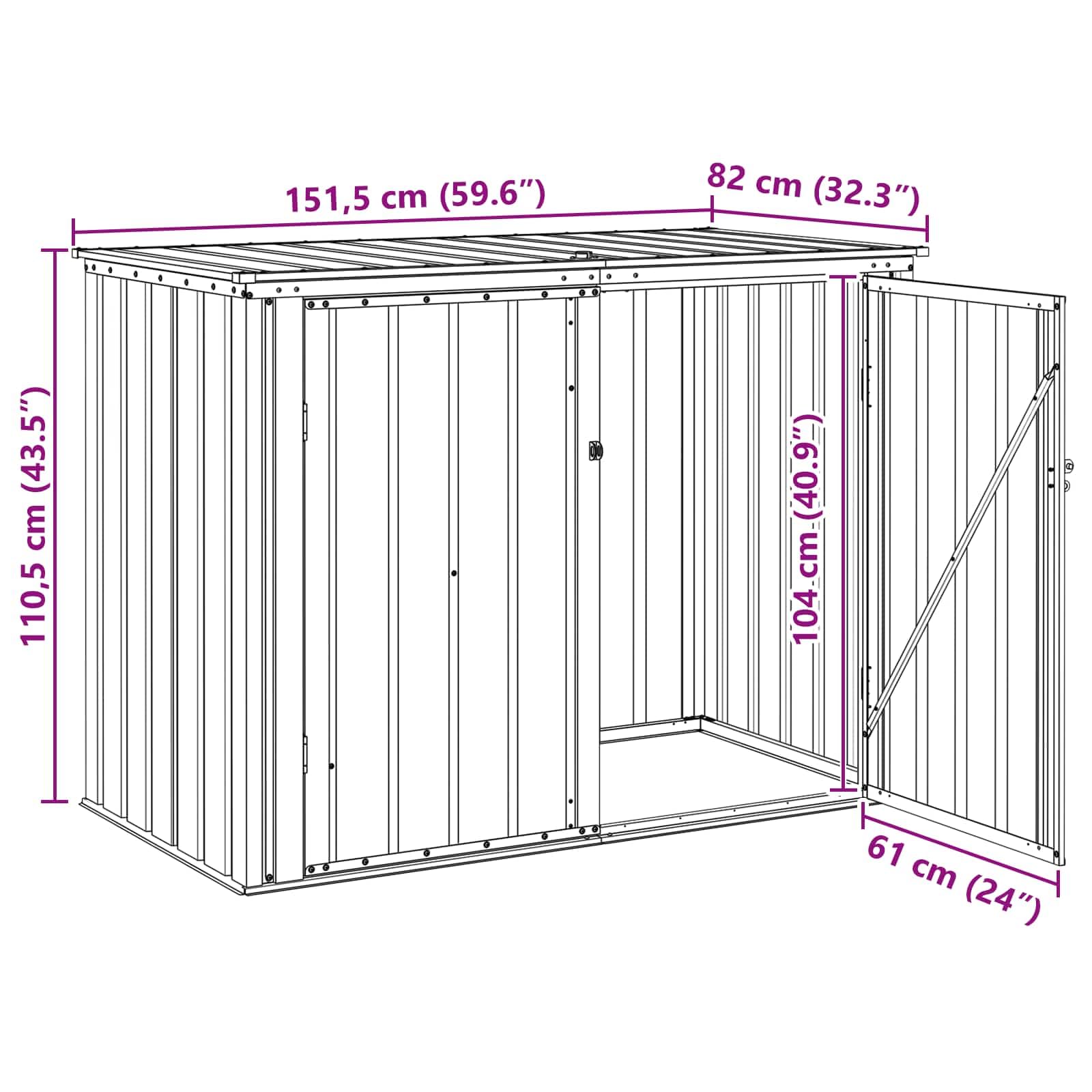 Caja de almacenamiento de jardín marrón de acero, 151,5 x 82 x 110,5 cm, con mucho espacio de almacenamiento, resistente a la intemperie, para herramientas de jardín y protección al aire libre, ideal