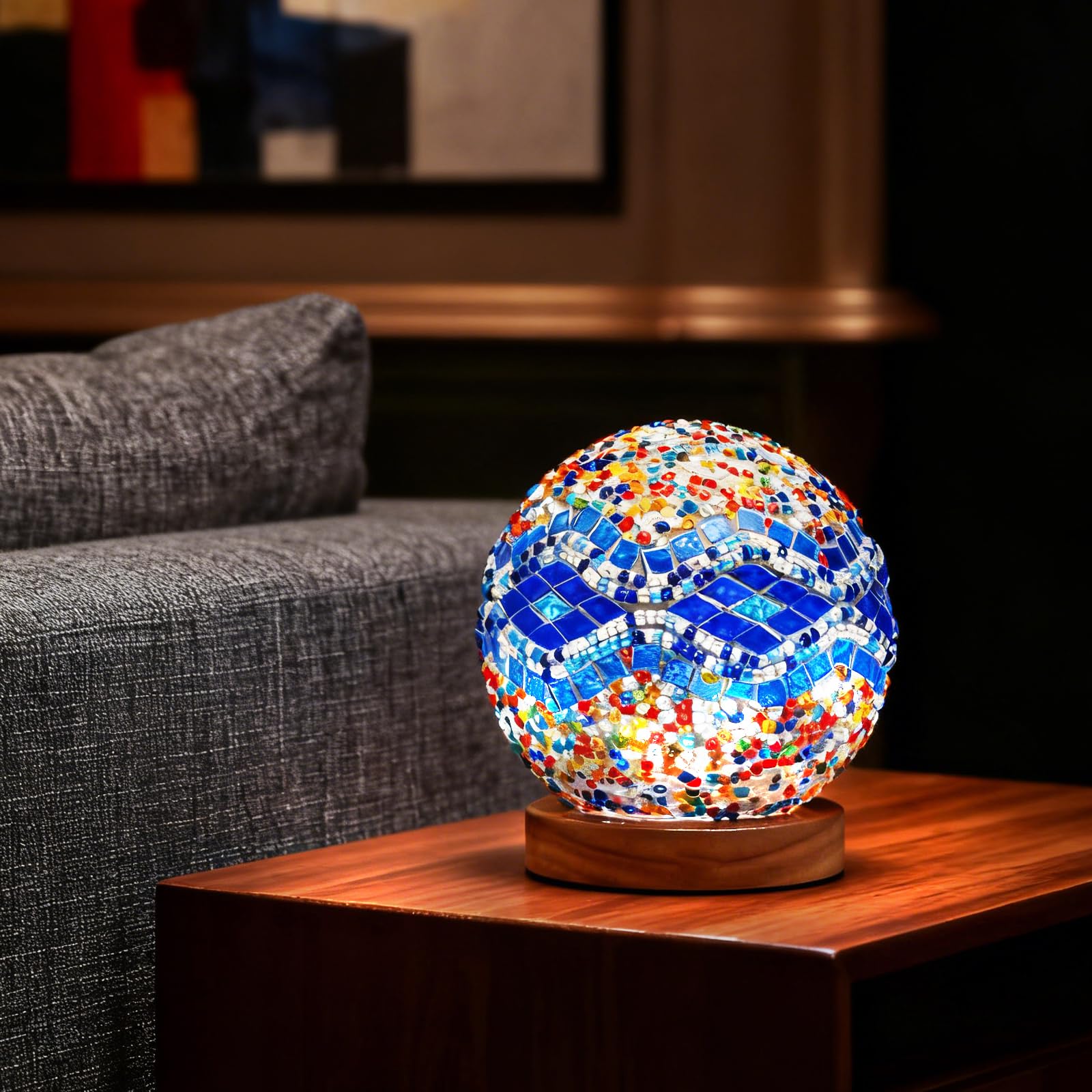 wpdash Vintage Turkish Table Lamp Mosaic Glass Light with Wooden Base 5V USB Power Tiffany Bedside Lamps for Living Room Decoration Meditation and Prayer Lighting (Baroque A - Blue, Baroque) — image 1