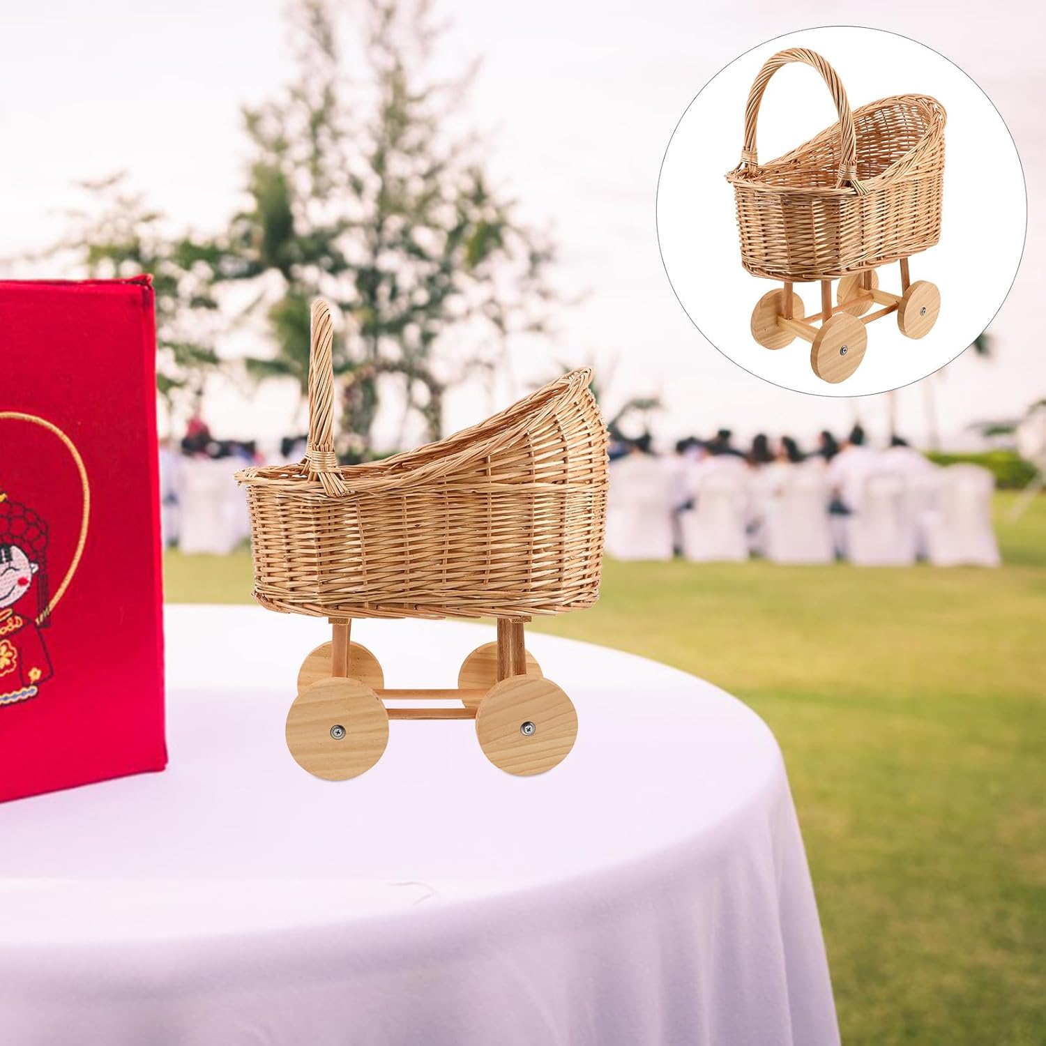Wicker Flower Basket for Wedding, Large Woven Flower Girl Basket, Rattan Baby Stroller Centerpiece, Party Favor Decoration for Baby Shower Light Brown