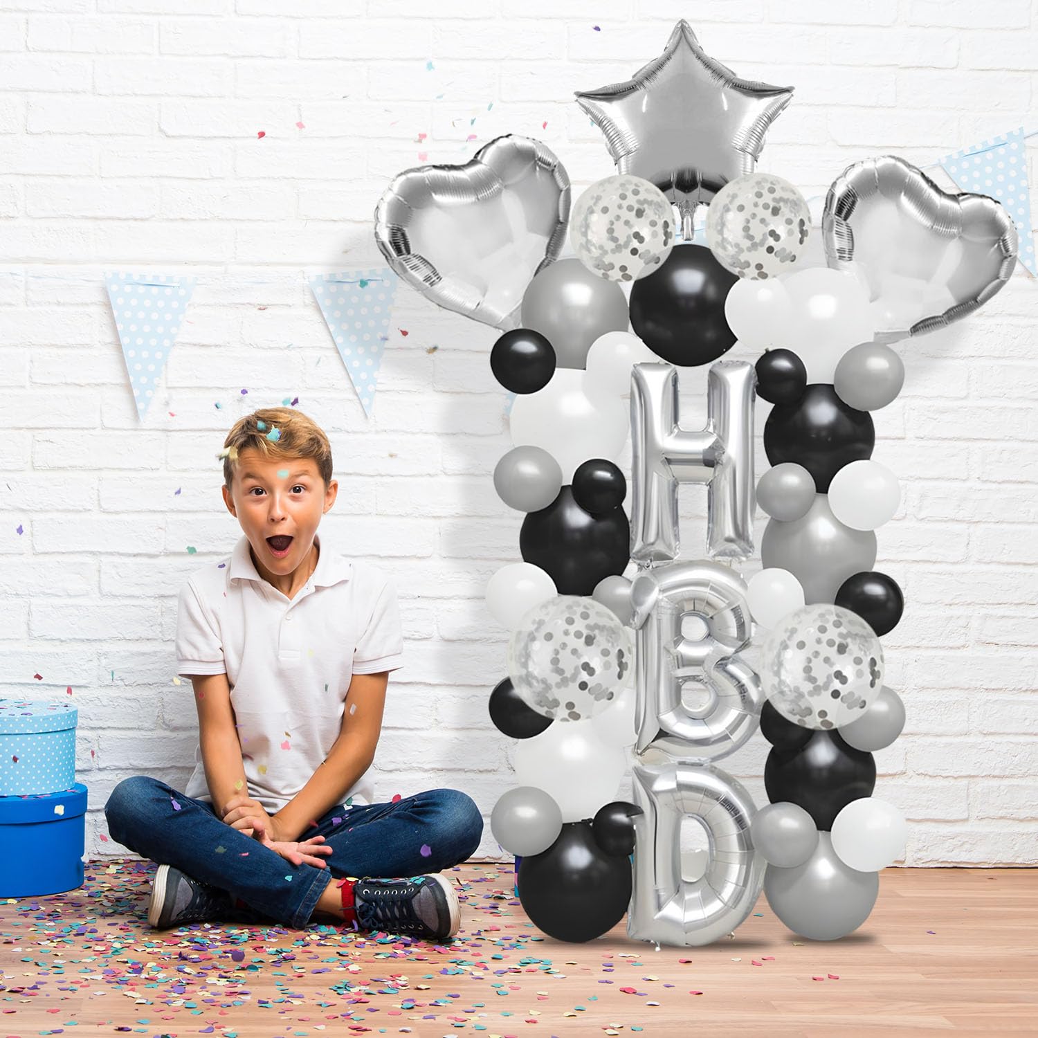 Party Propz Silver Theme Birthday Decoration Items - 35 Pcs Birthday Decoration Kit | Happy Birthday Banner | Foil Balloons | Birthday Balloons for Decoration | Confetti Balloons (Foil,Latex) 3