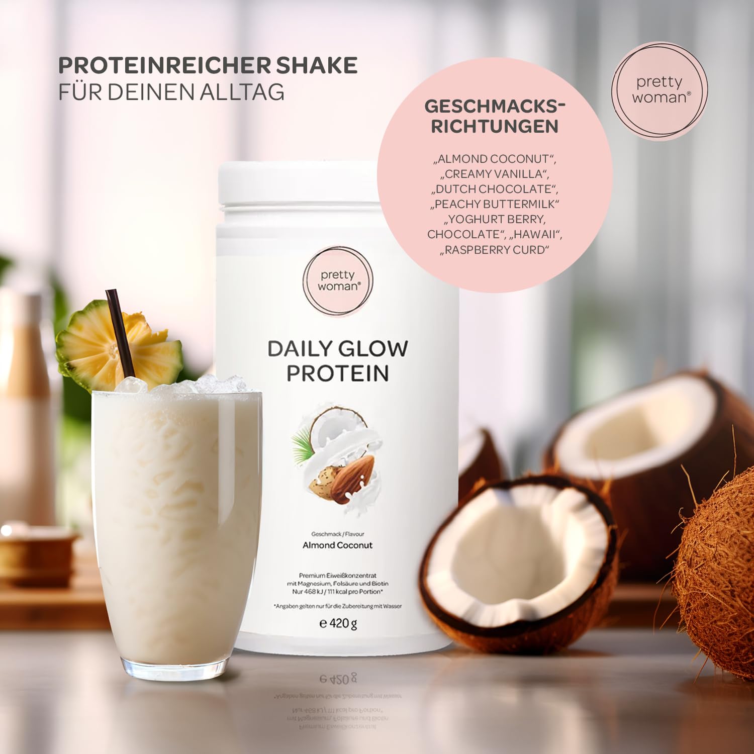 pretty woman® Daily Glow Eiweiss Protein Pulver für Frauen „Creamy Vanilla“ 420 g - Low Carb Shake mit Vitaminen & Mineralien, Biotin & Folsäure - nur 0,5g Zucker pro Portion