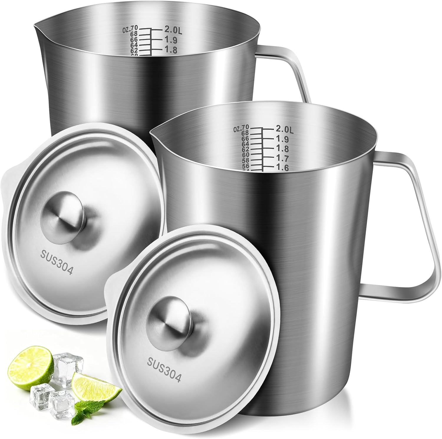 2 Pcs 70 oz Stainless Steel Pitcher with Lid (2L)