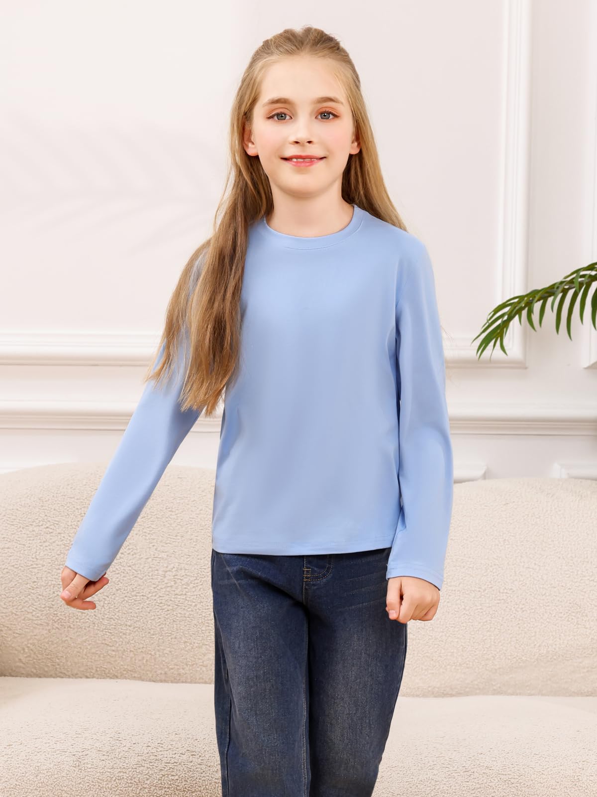 Maglietta da Ragazza, a Maniche Lunghe, T-Shirt Basica Morbida Oversize con Scollo Tondo, Tinta Unica e Comoda, per Abbigliamento Casual Bambini 4-14 Anni