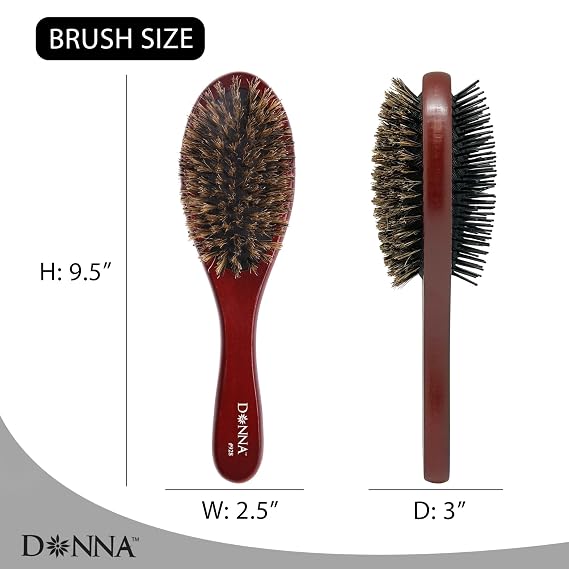 Donna Double Sided Styling Brush for Women - 100% Boar Bristles, Cushioned Wooden Detangling Brush for Wet Hair
