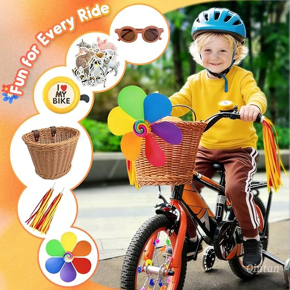 Kids Bike Basket Set, Handwoven PP Rattan Bicycle Basket with Bell, Handlebar Streamers, Pinwheel and Reflective Gear, Accessories for Girls and Boys Scooter, Tricycle and Balance Bike