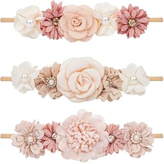 Mealah Baby Girls Flower Headbands - Soft Elastic Nylon Floral Crowns for Newborn Infant Toddler, Pack of 3