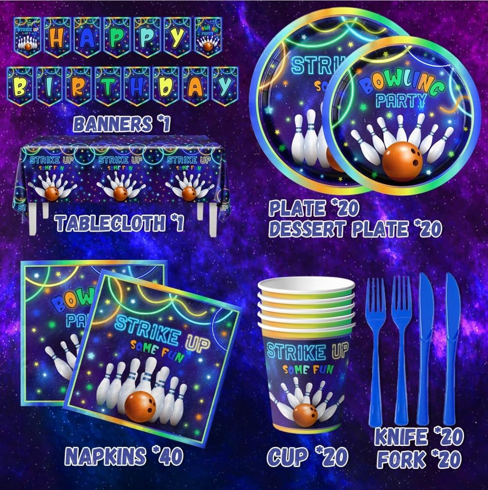 Bowling Birthday Party Supplies,142Pcs Strike Up Some Fun Bowling Theme Tableware Paper Plates,Napkin,Tablecloth Bowling Party for 20 Guests,Girl Boys Bowling Party Favors