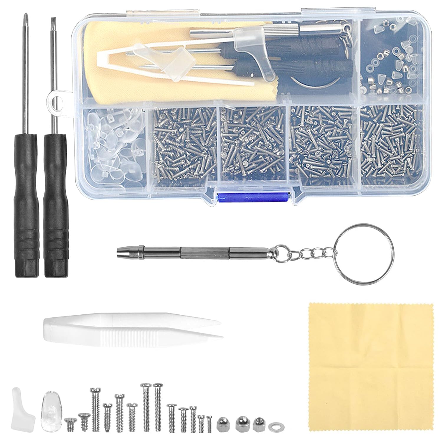500 PCS Eyeglass Repair Tool Set – Glasses Screws, Screwdriver, Nose Pads, Tweezers, and Cleaning Cloth – Complete Kit for Eyeglass and Sunglass Maintenance.
