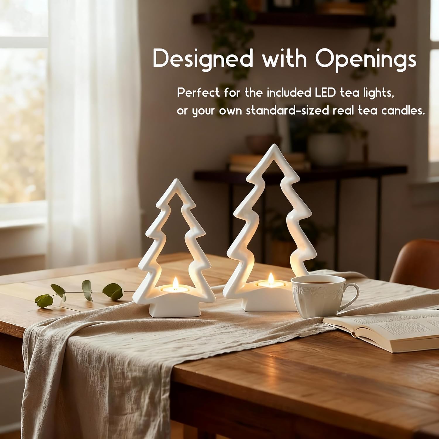 2 Pcs White Ceramic Christmas Tree with LED Tea Lights & Remote Control, Farmhouse Tabletop Christmas Decorations Indoor for Mantle, Fireplace, Shelf Winter Holiday Home Decor (9.5" H & 7.5" H)