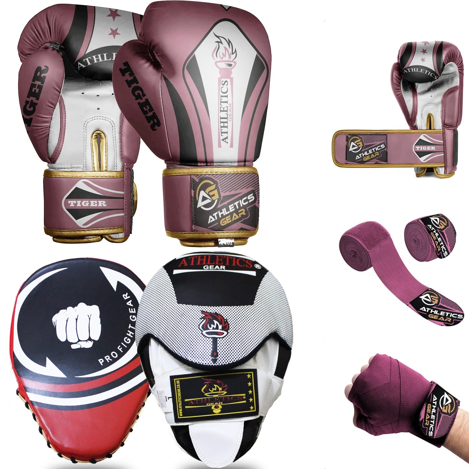 ATHLETIC GEARS SET โ A Pair of Boxing Gloves, Boxing Pads, & Hand Wraps (Pink, 12 oz) โ image 1