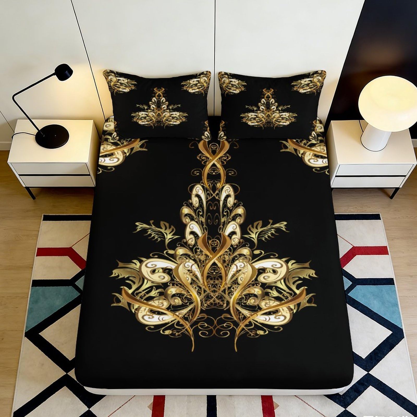 Dhbaneiok Style-2 3D Printed Baroque Dragon Fitted Sheet Microfiber Black Gold Mattress Cover Bedroom Decor Easy Care 90X200x25cm