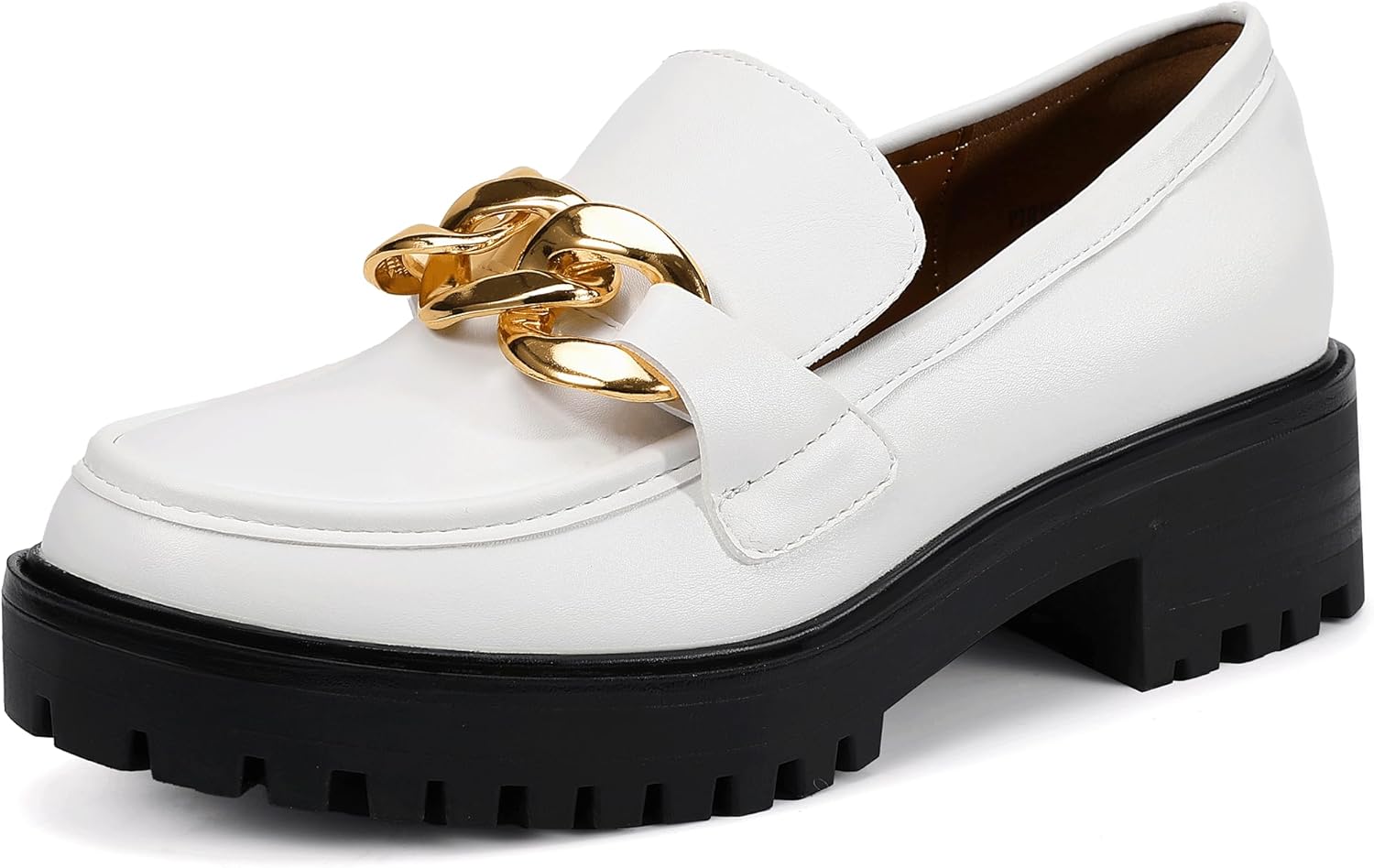 IDIFU IN2 Platform Loafers for Women Dressy with Metal Chain Slip On Low Chunky Block Lug Sole Heeled Penny Loafers Comfort Closed Round Toe Dress Shoes Office Work Business Casual Fall Loafers Shoes