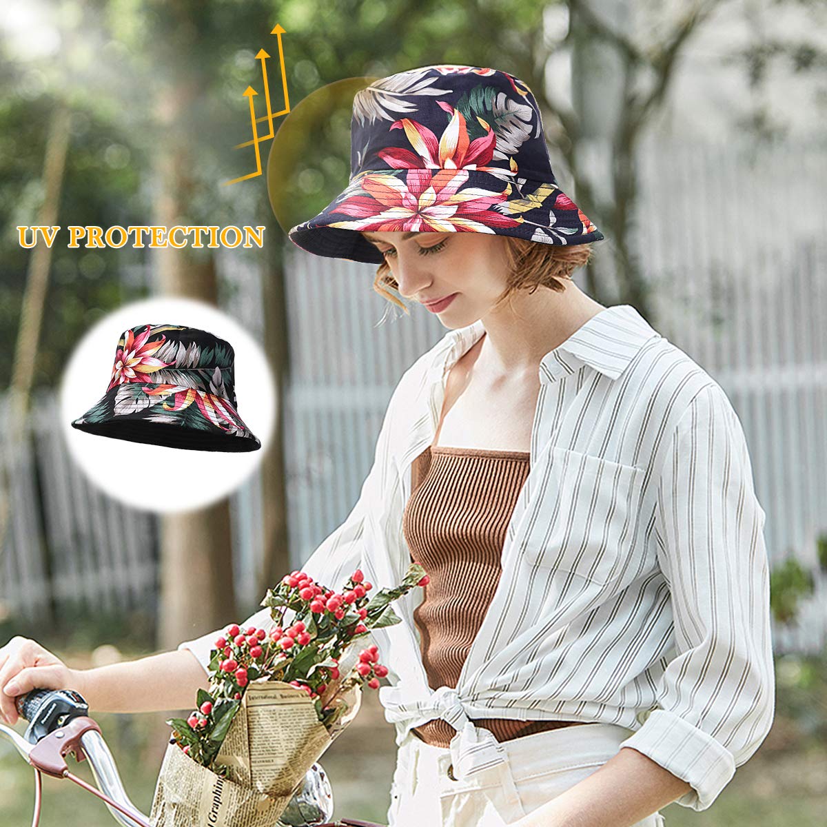 Feng Shui， Sombreros de Pescador para Mujer - Sombreros de Sol de Playa de Verano de algodón Reversible Sombrero de Pescador Plegable para Viajes Playa Senderismo Reino Unido