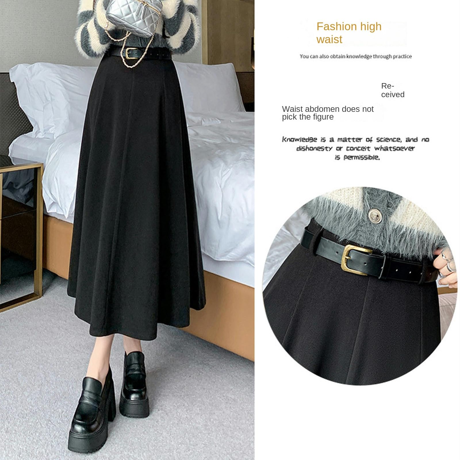 Gonna Lunga Donna Gonna Elegante Calda A Righe A Vita Alta Casual Party A-Line Vita Elastica Gonna Lunga Marrone, Nero con Cintura-Colore caffè-m