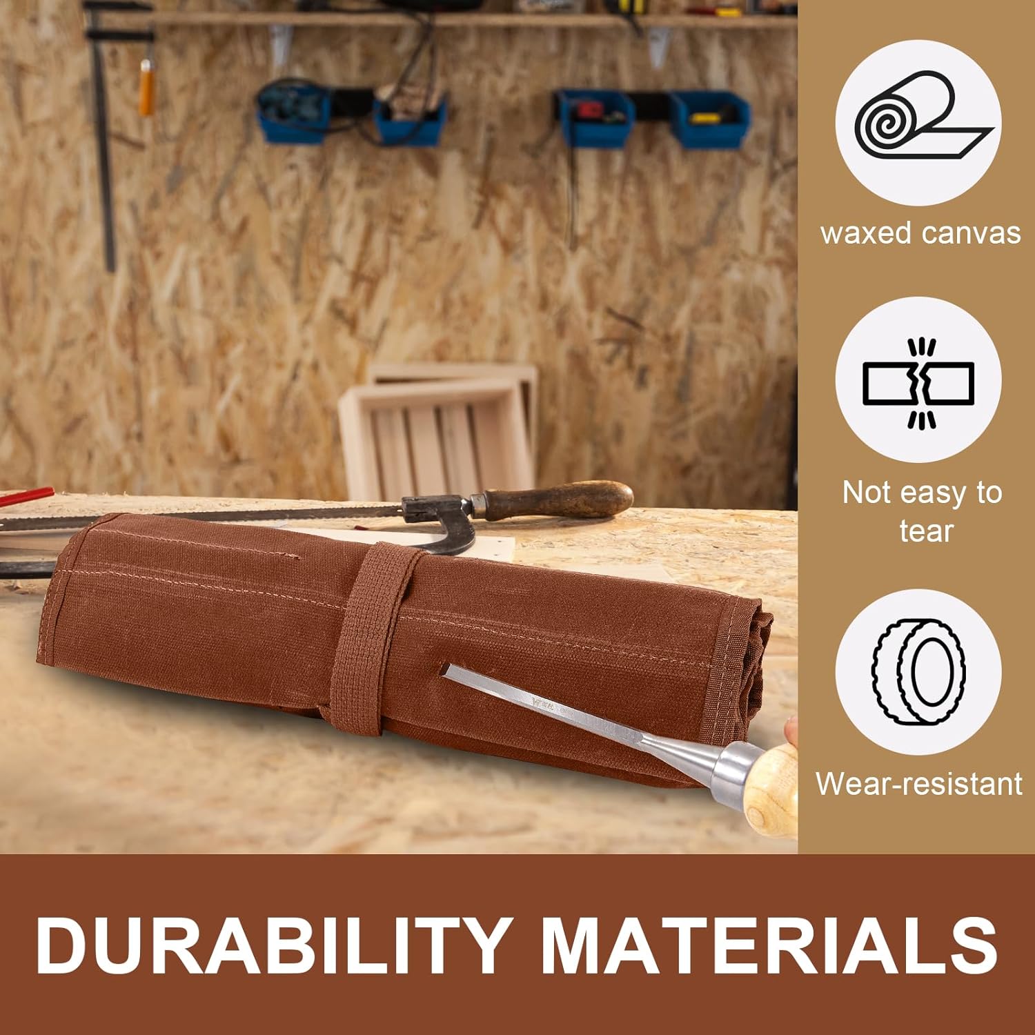 Chisel Roll, Durability Waxed Canvas Wrench Rolls with 20 Slots Compact Small Toll Roll, Portable Carry On Pouch for Woodworking Tools Multi Purpose Organizer (Red Brown)