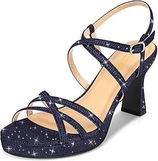 Women's Stellora Platform High Heels Block Chunky Strappy Sparkly Rhinestone Open Toe Ankle Strap Dress Pump Sandals Shoes for Party Wedding