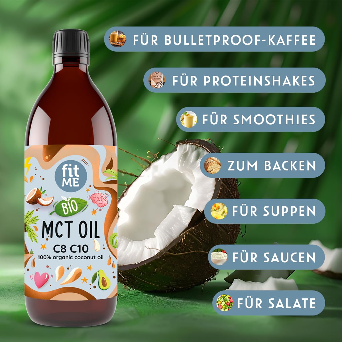 fitME MCT Öl auf Kokosölbasis 500 ml, BIO MCT-Oil mit C8 & C10 Fettsäuren, 60% Caprylsäure & 40% Caprinsäure, für Keto-Diät, Geschmacksneutral für Kaffee, Smoothies, Shakes & Dressings, ohne Pumpe