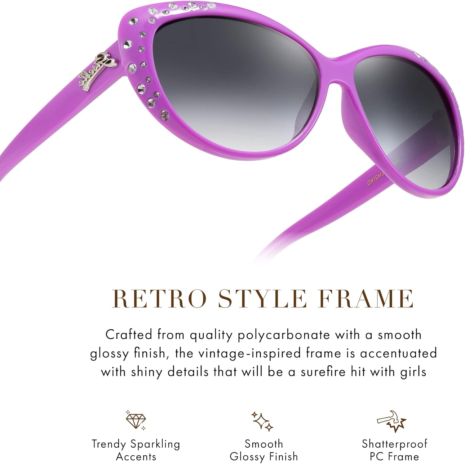 Giselle Cute Kids Retro Cat Eye Rhinestone Sunglasses for Teen Girls and Children Age 6-14 - Image 3