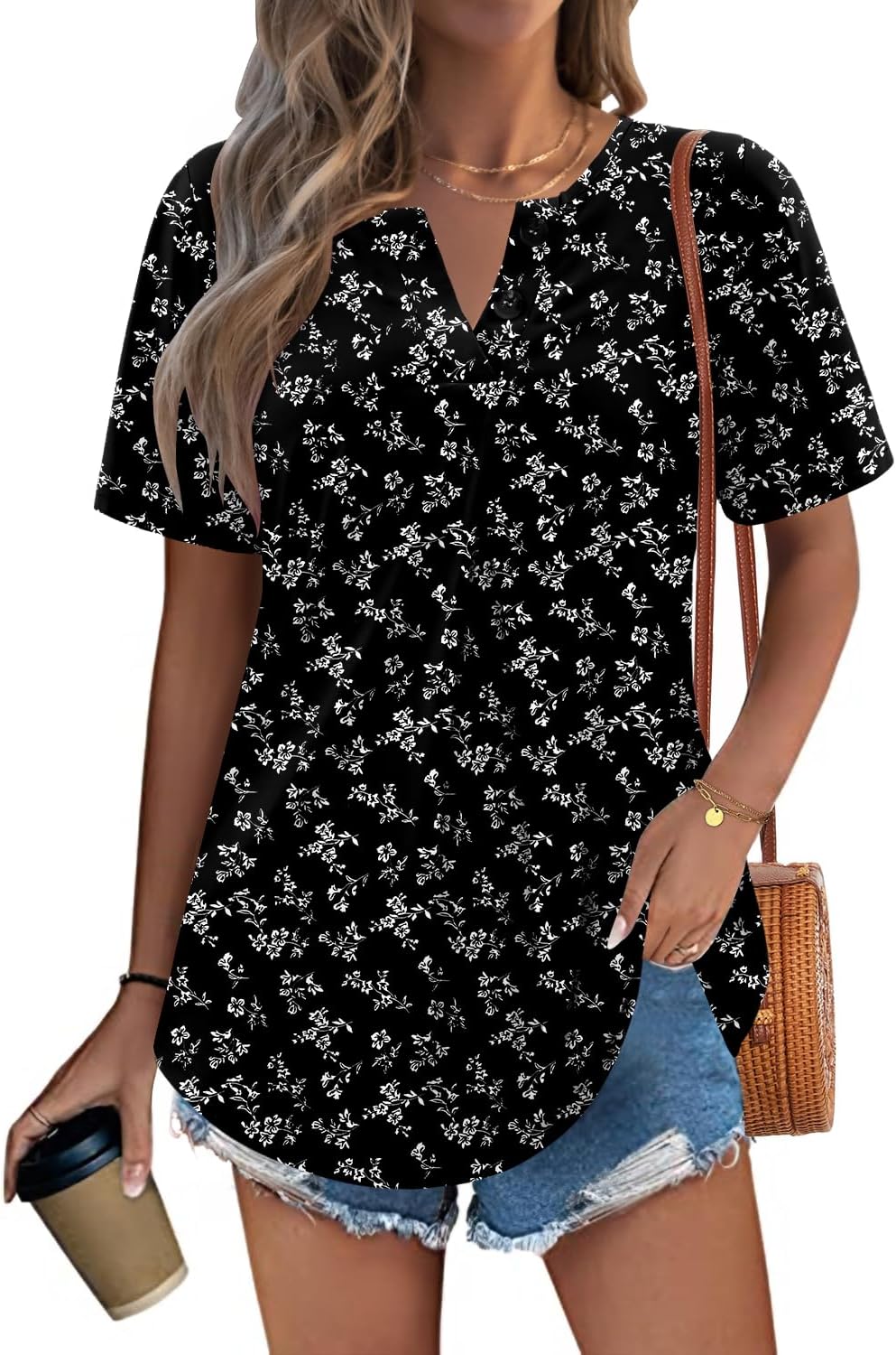 Magritta Womens Summer Casual V Neck Tunic Tops Short Sleeve Henley Shirts Pleated Buttons Loose Fit Blouse - Image 2