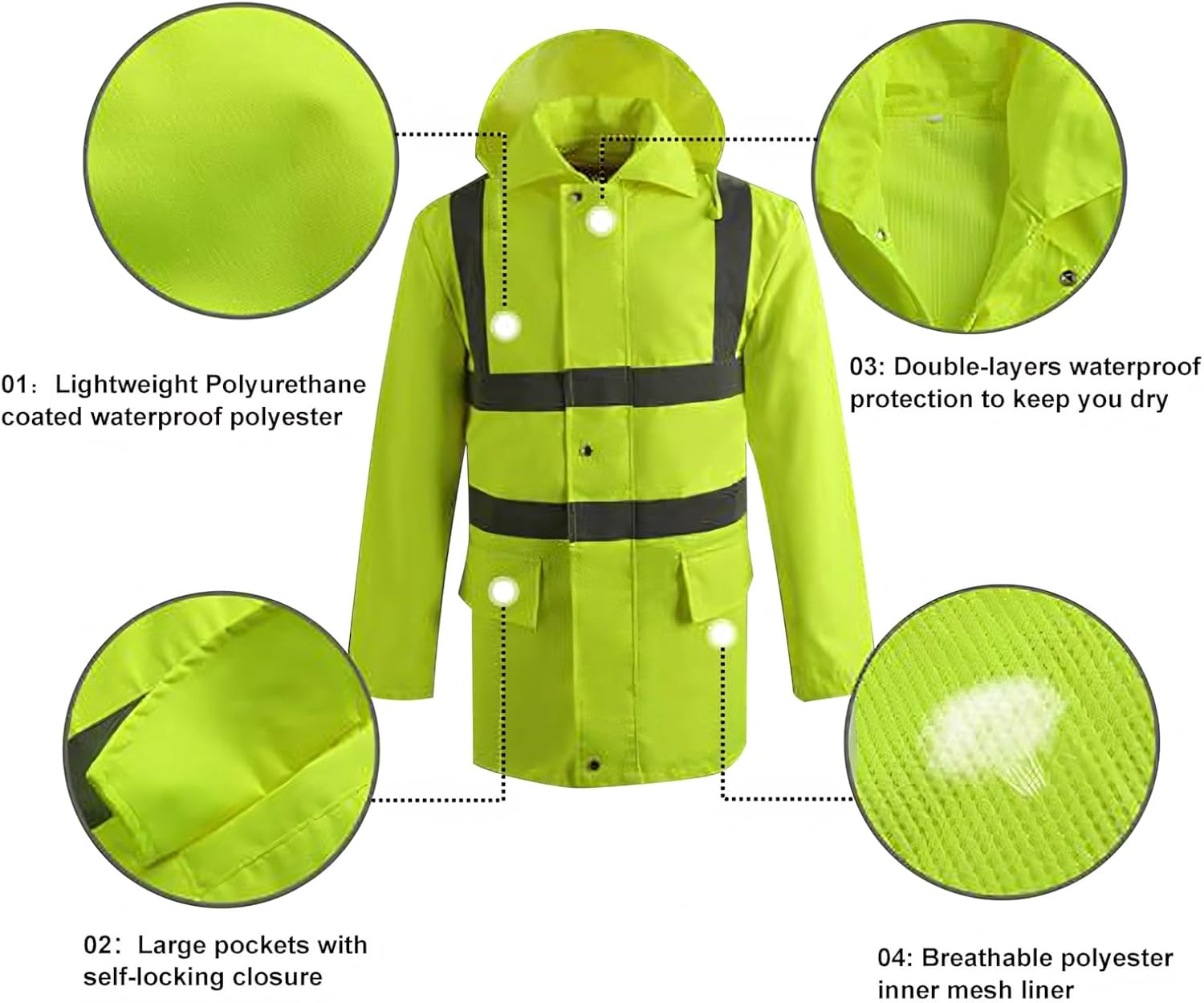 TopTie Custom Reflective Silver Safety Rain Jacket ANSI Rainproof Lightweight Hi Vis Wind Breaker Workwear
