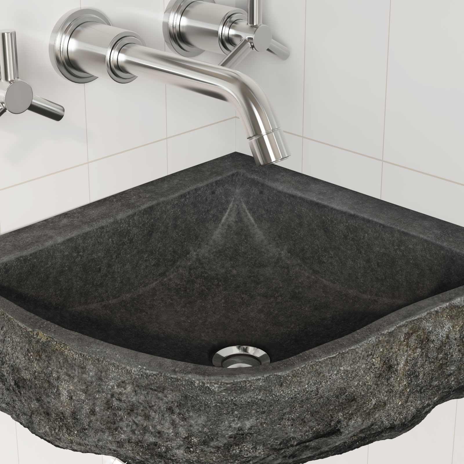 Lavabo grigio in pietra di fiume, 37 x 37 x 12 cm, da appendere alla parete, per bagno e WC degli ospiti, lavandino angolare per ristrutturazione e ristrutturazione del bagno