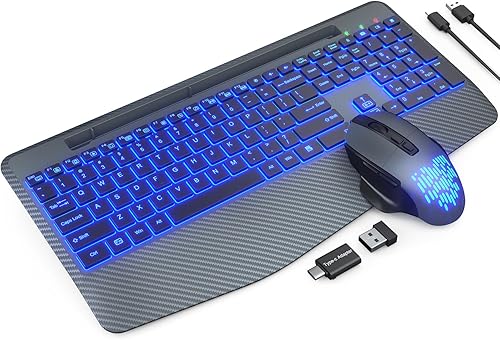 Retroiluminación inalámbrica para teclado y mouse, reposamuñecas, mouse Jiggler, teclado ergonómico recargable con soporte para teléfono, combo de